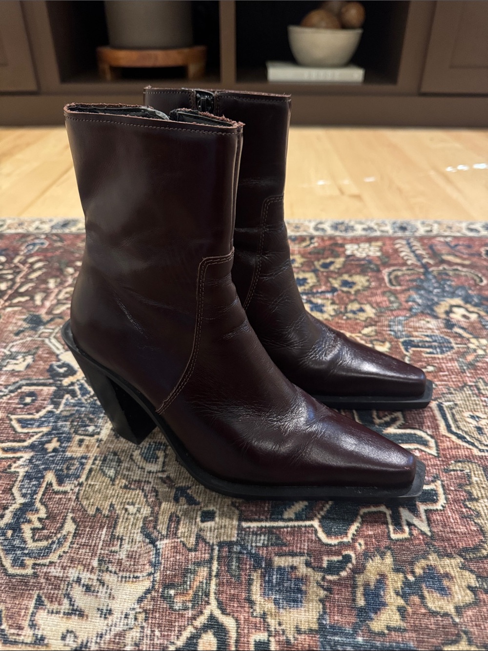 Mango Genuine Leather Burgundy Western Ankle Boots Size 37